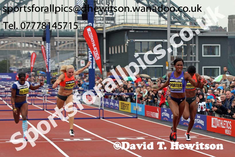 Tiffany Porter wins the 100 metres hurdles, Great North CityGames. Photo: David T. Hewitson/Sports for All Pics